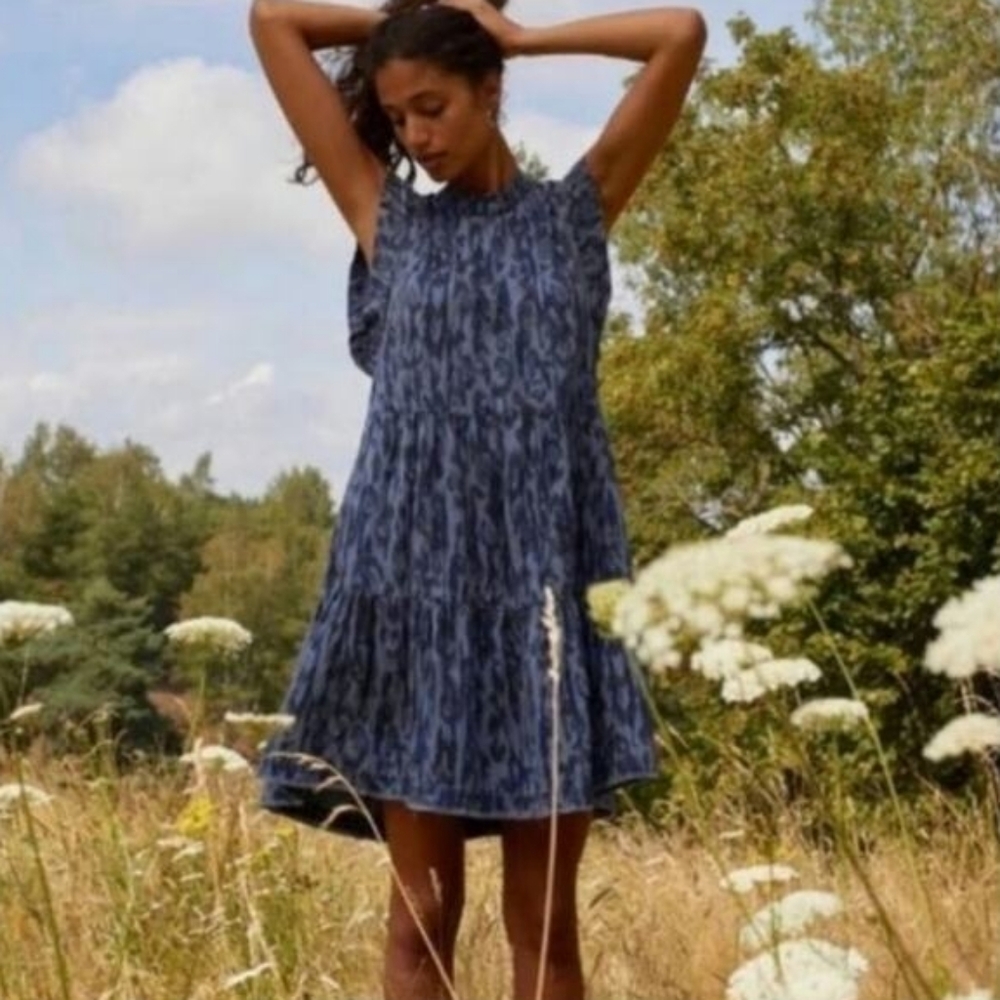 Anthropologie Jenee Tiered Tunic Dress Printed Chambray - Picture 3 of 9